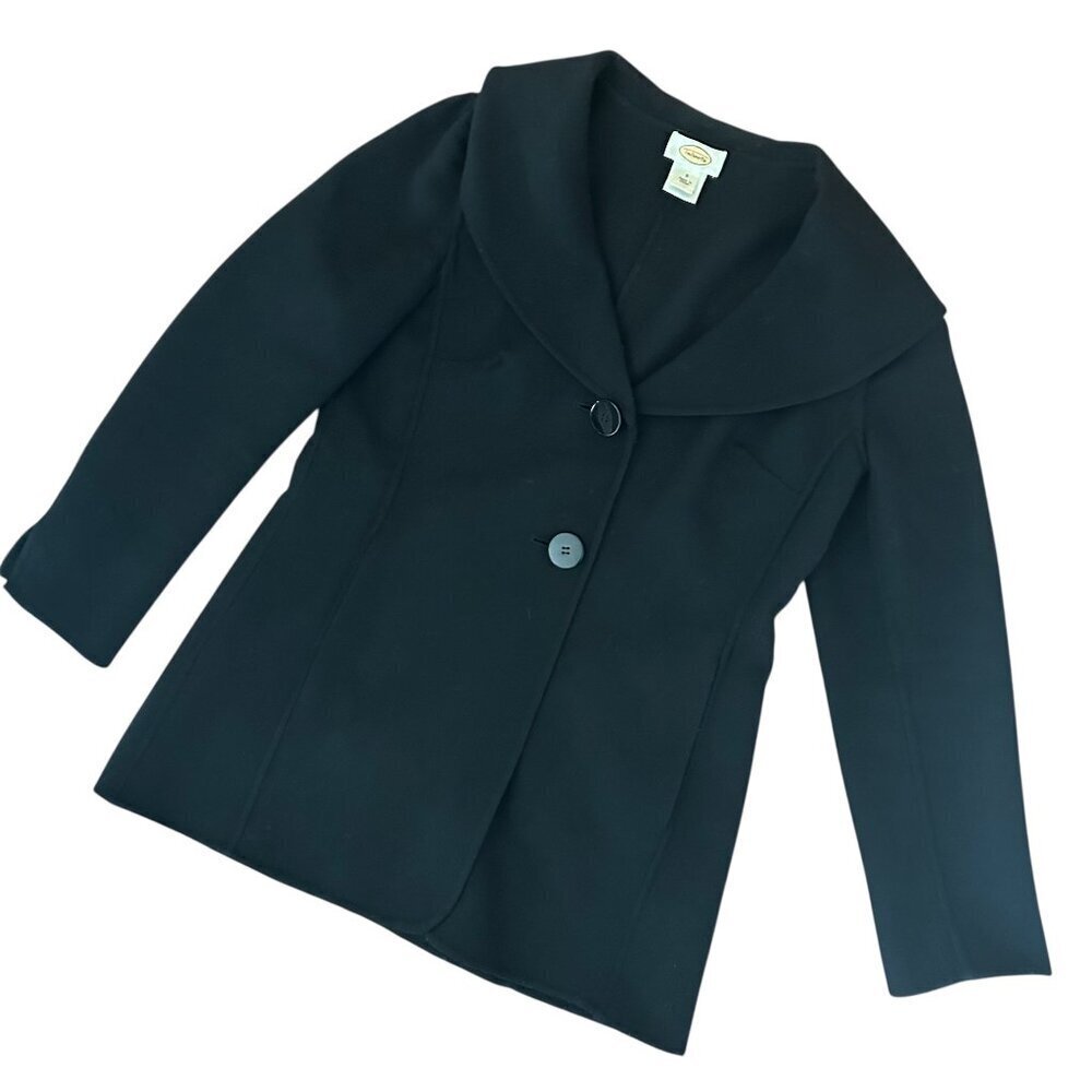 Talbots 100% Wool Black Pea Coat  Shawl Collar Two Buttons Size 8 in pristine co
